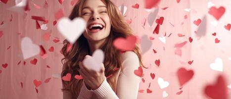 AI generated Excited positive girl smiling and looking at falling heart paper in Valentine day on pink background photo