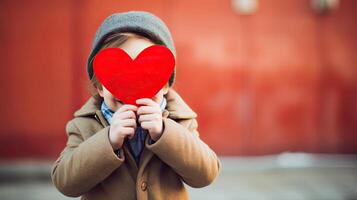 AI generated A shy little boy holding a paper heart shape and hiding behind it on blur bokeh city background photo