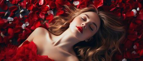 AI generated Lady in a red dress lying on the floor with red rose petals background in Valentine day concept photo