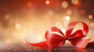 AI generated Red ribbon on shiny bokeh glowing background for Valentine day web banner photo