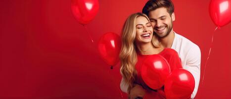 AI generated Cheerful couple in love hugging on a romantic Valentine with red heart shaped balloon isolated red background photo