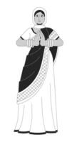 Saree young woman praying on Diwali black and white cartoon flat illustration. Sari beautiful 2D lineart character isolated. Worship of Lakshmi. Diwali celebrate monochrome scene vector outline image
