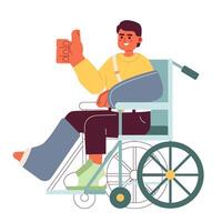 Trauma recovery positive attitude cartoon flat illustration. Cheerful wheelchair man thumb up showing 2D character isolated on white background. Happy accident rehabilitation scene vector color image