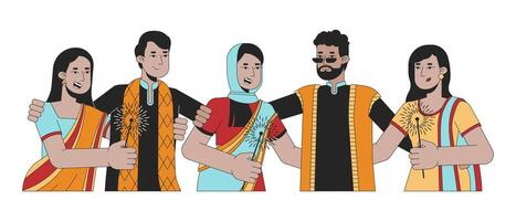 grupo de amigos diwali contento 2d lineal dibujos animados caracteres. destellos participación indios aislado línea vector personas blanco antecedentes. hindú festival de luces deepawali color plano Mancha ilustración
