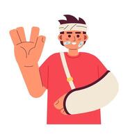 Bandage wrapped man cheerful with arm sling cartoon flat illustration. Upbeat asian man vulcan greeting 2D character isolated on white background. Happy accident recovery scene vector color image