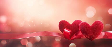 ai generado dos rojo corazones con cinta en brillante bokeh brillante fondo, San Valentín día web bandera foto