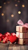 AI generated Heart symbol on wooden blocks on valentine blur bokeh background for social media online sales photo