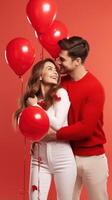 AI generated Cheerful couple in love hugging on a romantic Valentine with red heart shaped balloon isolated red background photo