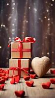 AI generated Heart symbol on wooden blocks on valentine blur bokeh background for social media online sales photo