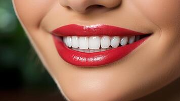 AI generated Close-up of beautiful woman with perfect white teeth and red lipstick. Dental Health and Beauty Concept. photo