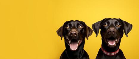 AI generated Two happy dogs panting on yellow background with copy space. photo