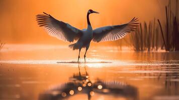 AI generated A Red-crowned crane, Grus japonensis, with wings outstretched on lake. photo
