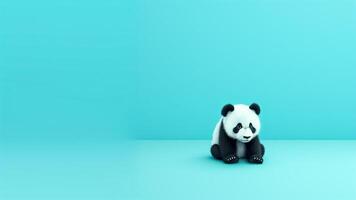 AI generated Cute panda sitting on blue background with copy space. Minimal concept. photo
