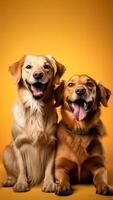 AI generated Studio shot of two golden retriever dogs sitting on orange background with copy space. photo