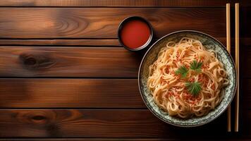 AI generated Noodles in bowl with chopsticks and sauce on wooden table with copy space. Minimalist cuisine. photo