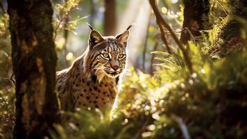 ai generado ibérico lince en el bosque. fauna silvestre escena desde naturaleza. foto