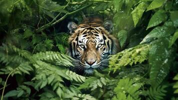 AI generated South China Tiger camouflages in the jungle. photo