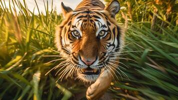 ai generado cerca arriba de un Bengala Tigre en el selva. foto