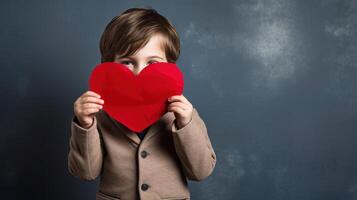 AI generated A shy little boy holding a paper heart shape and hiding behind it on grey background photo