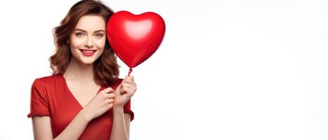 AI generated Smiling Valentine beauty girl with red balloon isolated on white background, copyspace photo