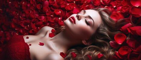 AI generated Lady in a red dress lying on the floor with red rose petals background in Valentine day concept photo