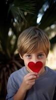 AI generated A boy holding a paper heart shape and hiding behind it on blur outdoor background photo