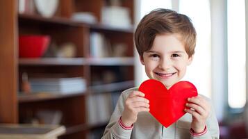 AI generated A boy holding a red paper heart shape on indoor room background photo