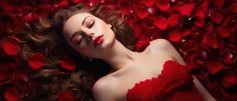 AI generated Lady in a red dress lying on the floor with red rose petals background in Valentine day concept photo