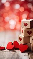 AI generated Heart symbol on wooden blocks on valentine blur bokeh background for social media online sales photo