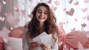 AI generated Excited positive girl smiling and looking at falling heart paper in Valentine day photo