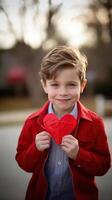 AI generated A boy holding a paper heart shape and hiding behind it on blur outdoor background photo