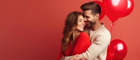 AI generated Cheerful couple in love hugging on a romantic Valentine with red heart shaped balloon isolated red background photo