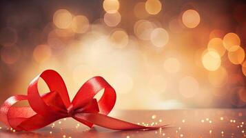 AI generated Red ribbon on shiny bokeh glowing background for Valentine day web banner photo