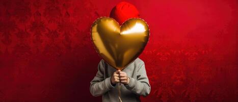 AI generated Front view of a kid with gold yellow heart shaped balloon on red background photo