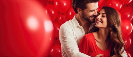 AI generated Cheerful couple in love hugging on a romantic Valentine with red heart shaped balloon isolated red background photo