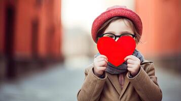 AI generated A shy little boy holding a paper heart shape and hiding behind it on blur bokeh city background photo