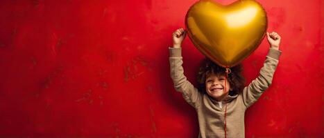 ai generado frente ver de un niño con oro amarillo corazón conformado globo en rojo antecedentes foto