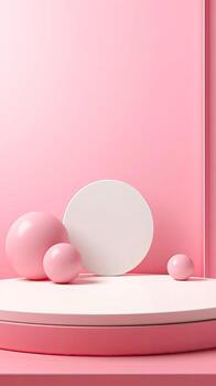 AI generated Pink minimalist background mock up with podium for product placement display or showcase. photo