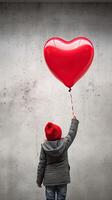 AI generated Back view of a kid raising arms with red love valentine heart shaped balloon isolated on grey background photo