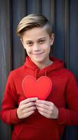 AI generated A little boy with a red paper heart shape on blur indoor room background photo