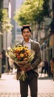 ai generado sonriente hermoso joven hombre con ramo de flores de flores en pie en el ciudad antecedentes foto