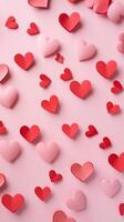 AI generated Flat lay paper cut red hearts on pastel pink background. Valentines Day, Mothers Day anniversary photo