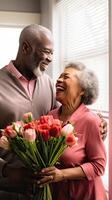 ai generado encantador mayor africano americano marido dando ramo de flores de flor a su esposa foto