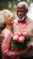 AI generated Lovely senior african american husband giving bouquet of flower to his wife photo