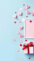 AI generated Flat lay, top view of Gift box and heart confetti on pastel blue background with copy space Valentine Day photo