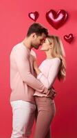 AI generated Married lovely couple cuddle and kissing on pink valentine background photo