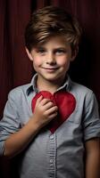 AI generated A young boy with a red paper heart on his hand isolated on wood background photo