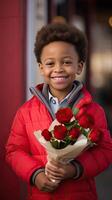 AI generated A boy with rose bouquet and beautiful smile for Valentines concept photo