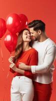 AI generated Cheerful couple in love hugging on a romantic Valentine with red heart shaped balloon isolated red background photo