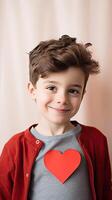 AI generated A little boy with a red paper heart shape on blur indoor room background photo